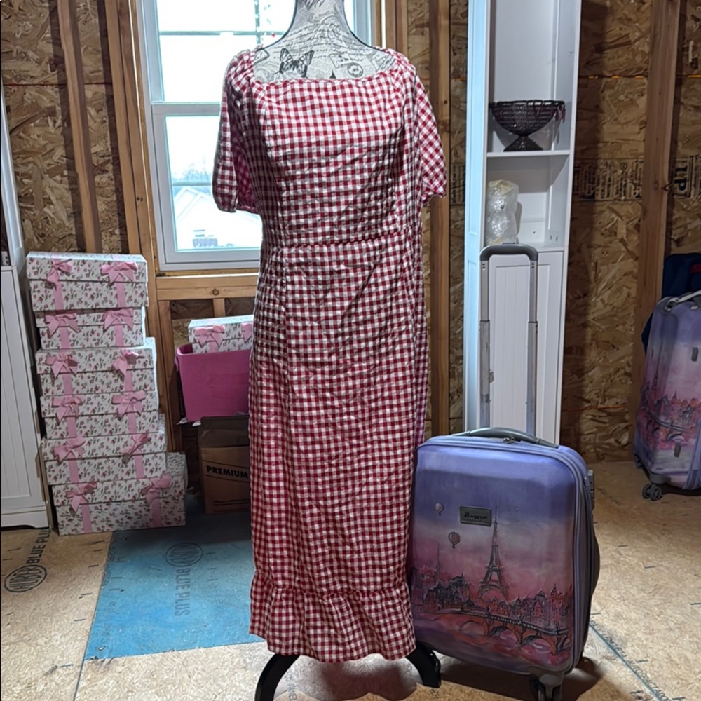 SHEIN Red and White Gingham Midi Dress